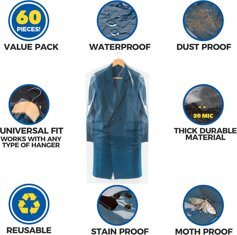 Storage Standard 60-Pack Dry Cleaning Bags for Clothes 40-Inch Long - Clear Plastic Garment Bags for Hanging Clothes, Dry Cleaner Plastic Clothing Cover for Suits, Coat, Shirt, & Pants - Image 2